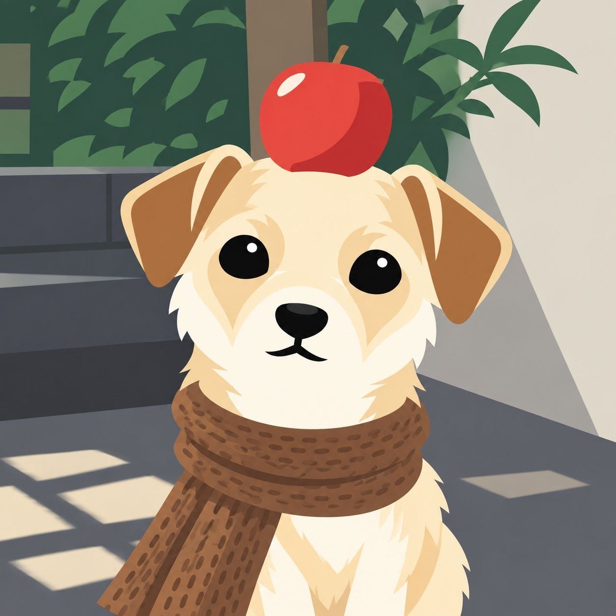 Cali in a scarf with an apple on her head
